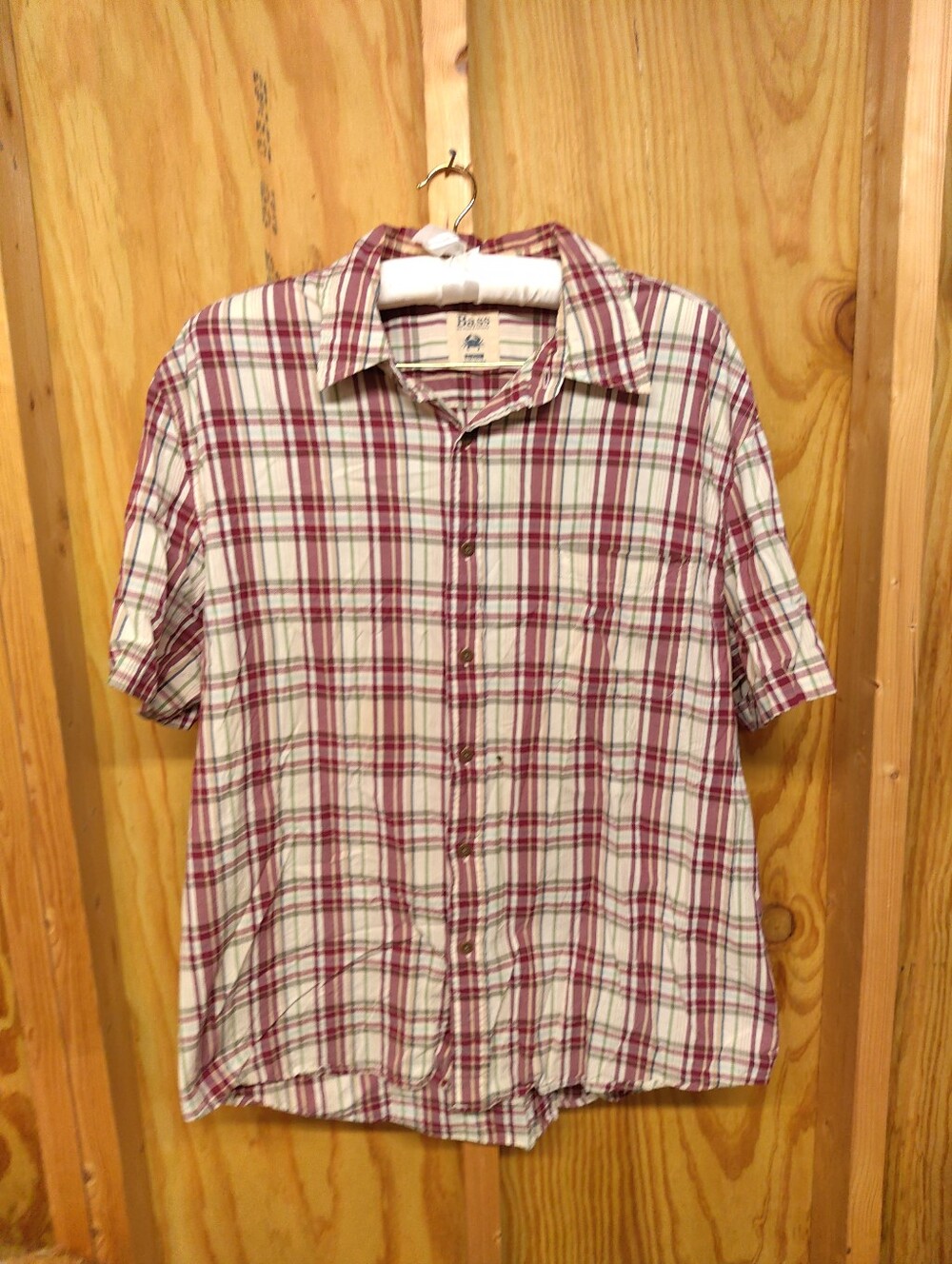 G.H. Bass & Co Mens XL Short Sleeve Plaid Shirt Maroon Burgundy Cream Green